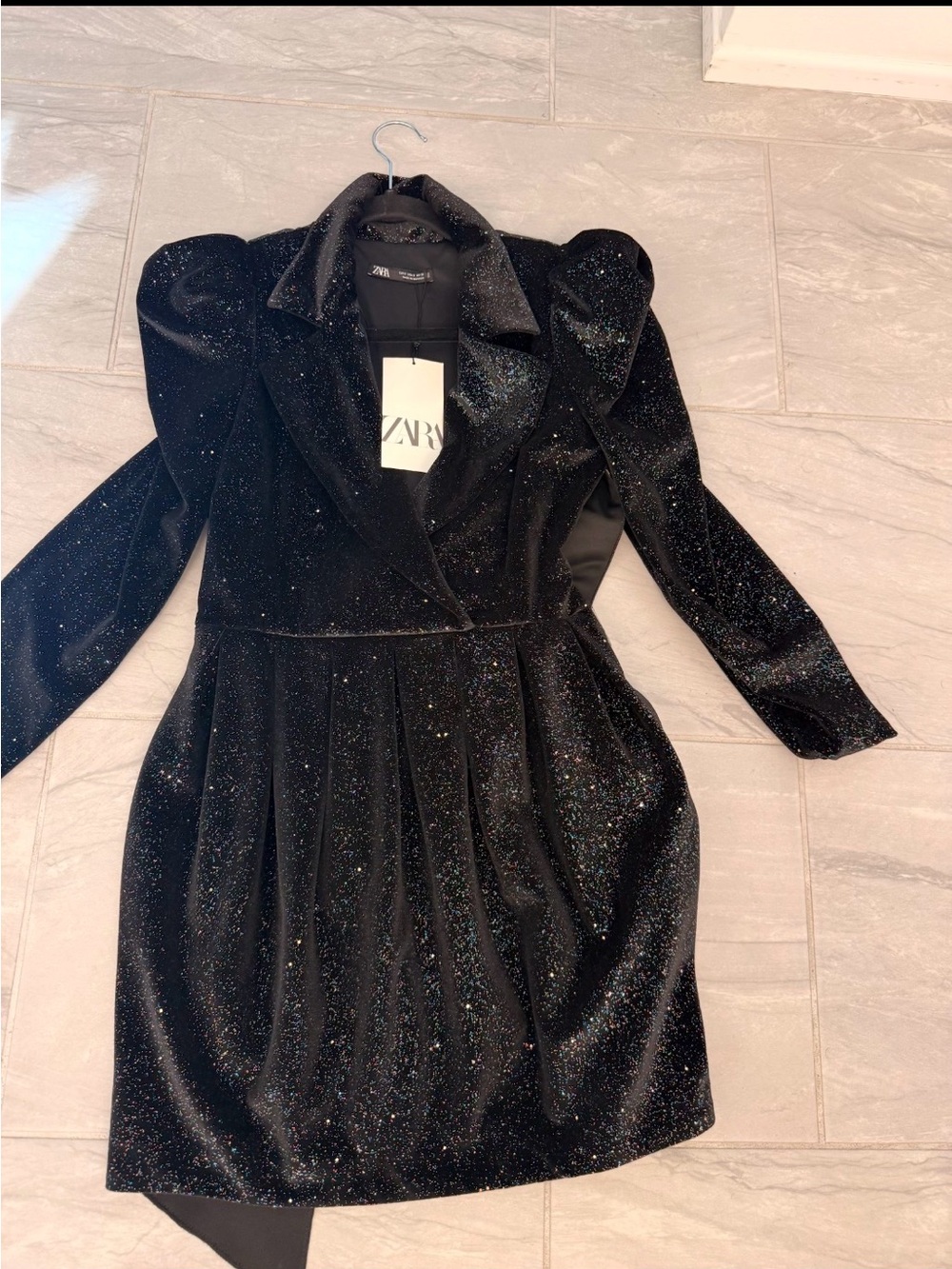 Zara Black Glitter Blazer Dress with Puff Shoulders